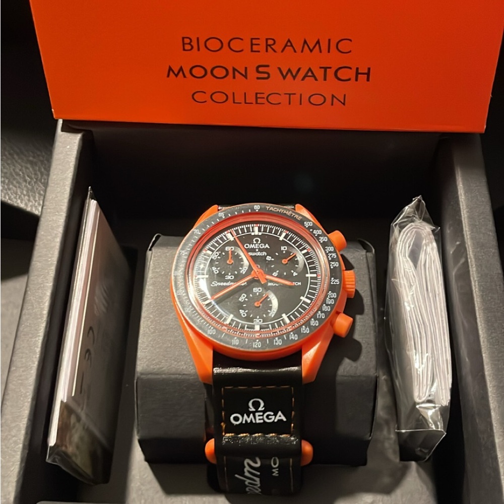 Omega Orange Bioceramic Chronograph Watch with Black Strap